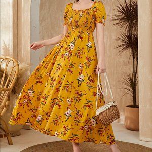 Elegant Floral Floor-Length Dress in Radiant Yellow